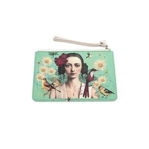 OOAK Artist Designed Surrealist Woman Bird Floral Wristlet Clutch Bag Green